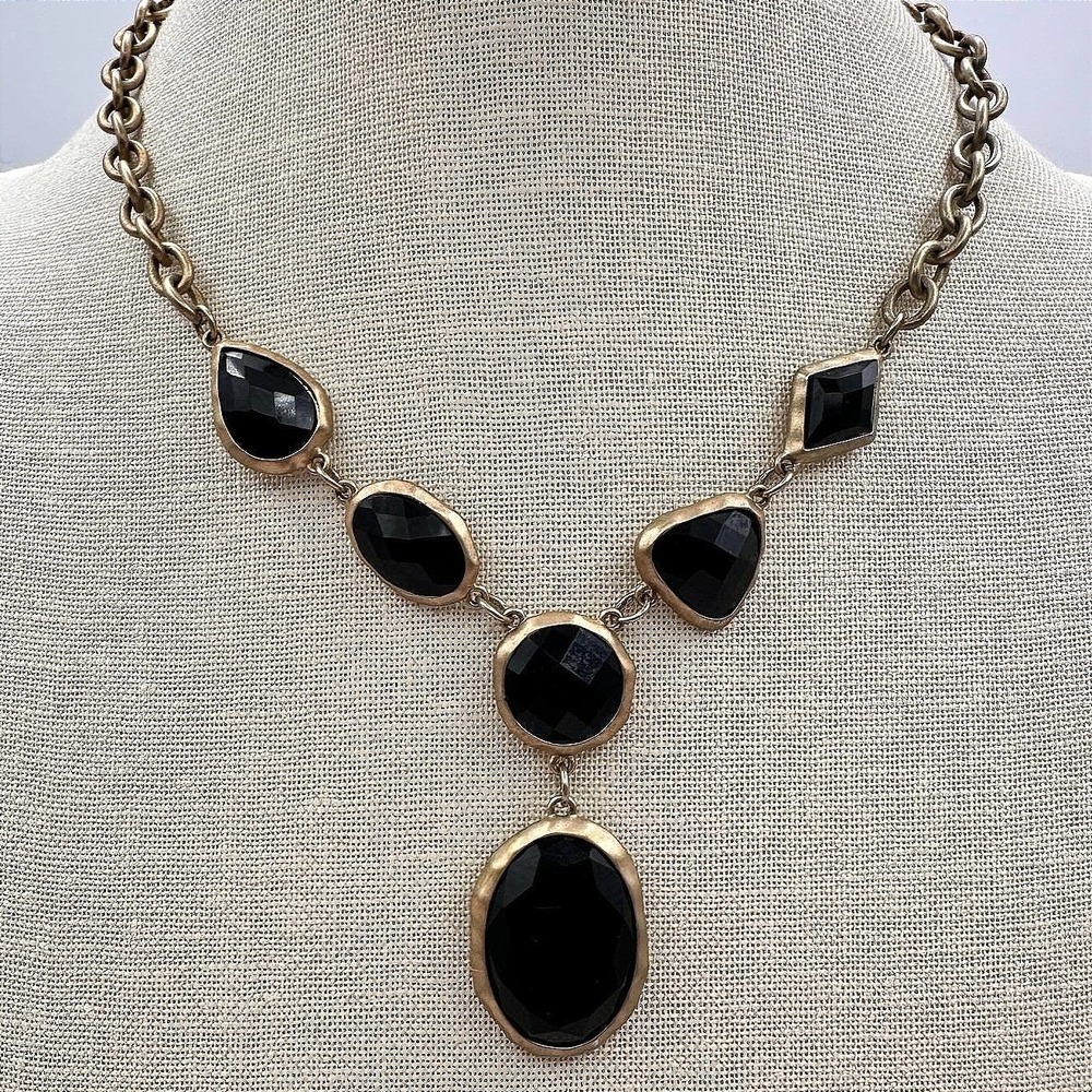 Vintage‎ 90s Geometric Drop Black Crystal Pendant Necklace Gold Tone Jewelry